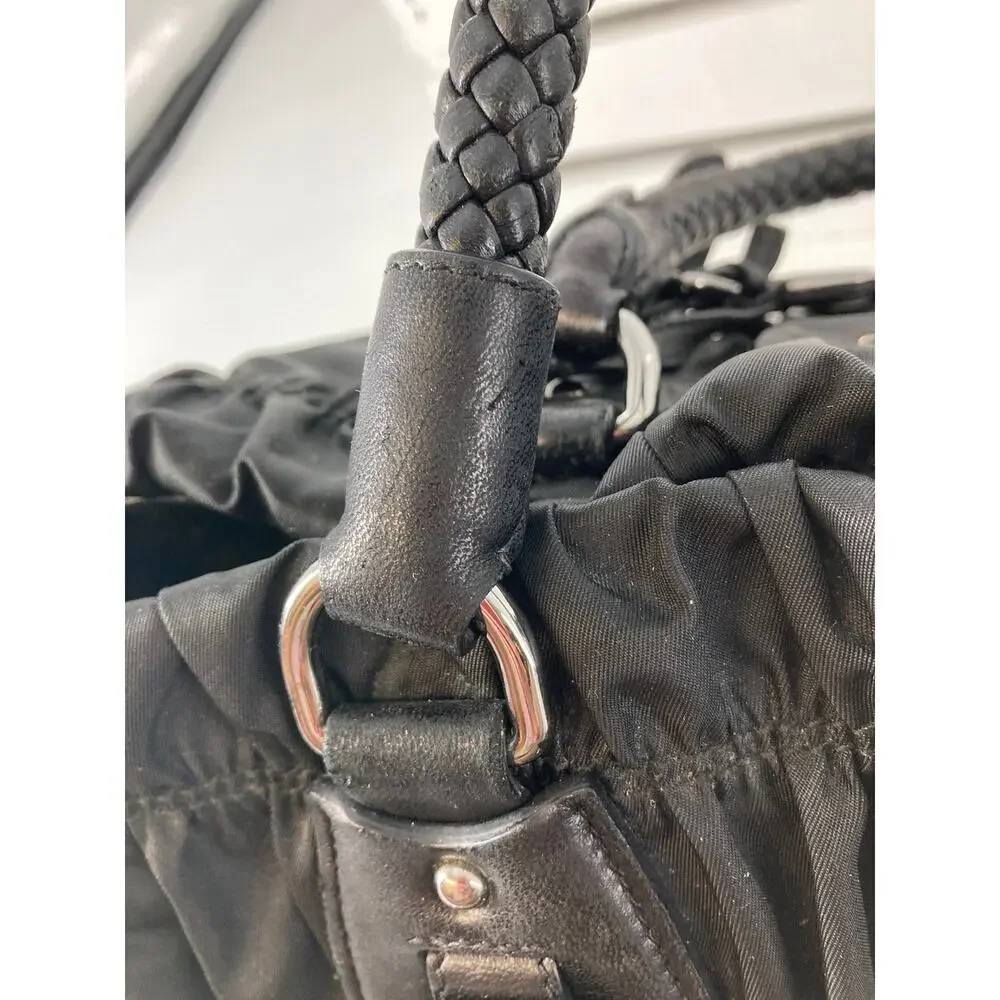 PRADA LARGE BLACK NYLON HANDBAG WITH BRAIDED LEATHER HANDLES - Picture 12 of 16